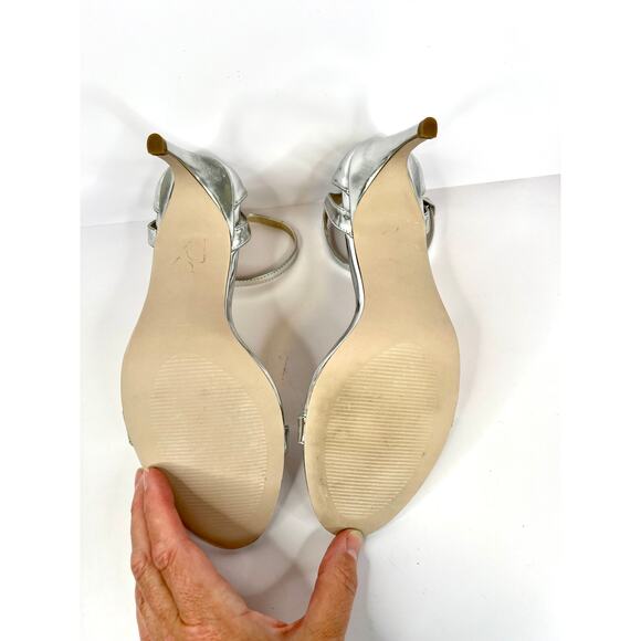 ASOS Size 8 Silver Shiny 3 Inch Ankle Strap Heels Open Toe - Picture 5 of 16